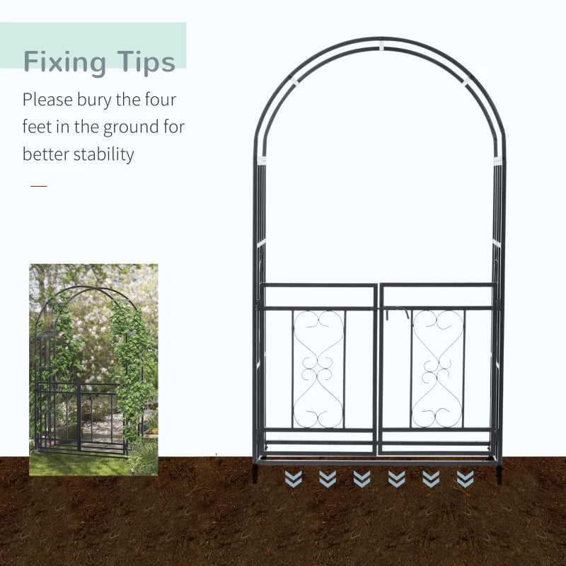 Dark grey metal garden arch with decorative panels and double gate doors