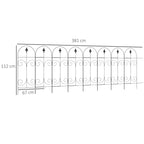Black metal decorative fence panel layout with arched top and scroll details.