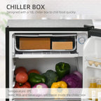Open mini fridge with chiller drawer box and visible food storage area