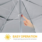 Gray canopy with central white pole and ribbing, finger pressing a release button