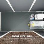 Interior of grey resin shed showing included floor and storage side walls.