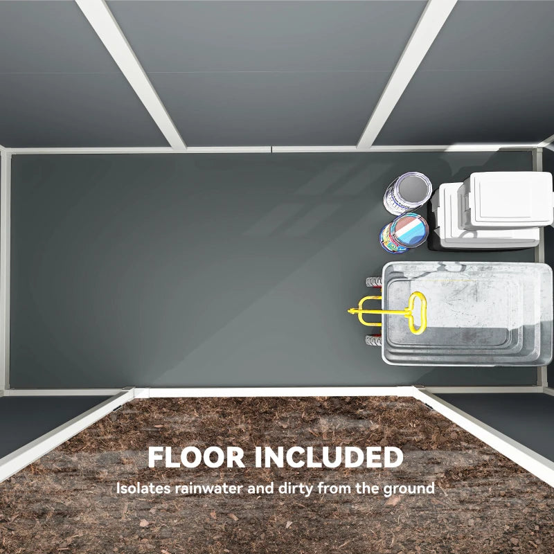 Interior of grey resin shed showing included floor and storage side walls.