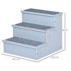 Grey 3-step pet stairs with storage compartment and textured gray carpet treads