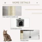 Light grey upholstered cat tree condo with dark entrance opening on a sisal post