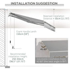 Installation diagram for retractable awning showing crank handle and adjustable angle