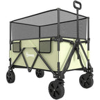 Folding garden trolley wagon with mesh side walls, green base, and four large wheels