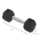 Black hex rubber dumbbell with chrome knurled handle and 5kg marking