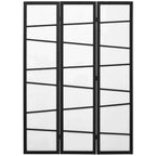 Three-panel folding room divider with white translucent panels and black wooden frame