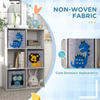 White kids toy storage cabinet with fabric drawers featuring dinosaur and cute animal designs
