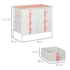 White storage cabinet with pink fabric drawer fronts and metal frame, showing open bin