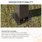 Brown steel gazebo corner with ground anchor plates for stability on outdoor flooring