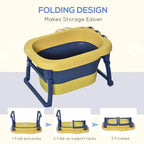 Yellow and navy folding baby bathtub with stool legs and molded carry-style handles
