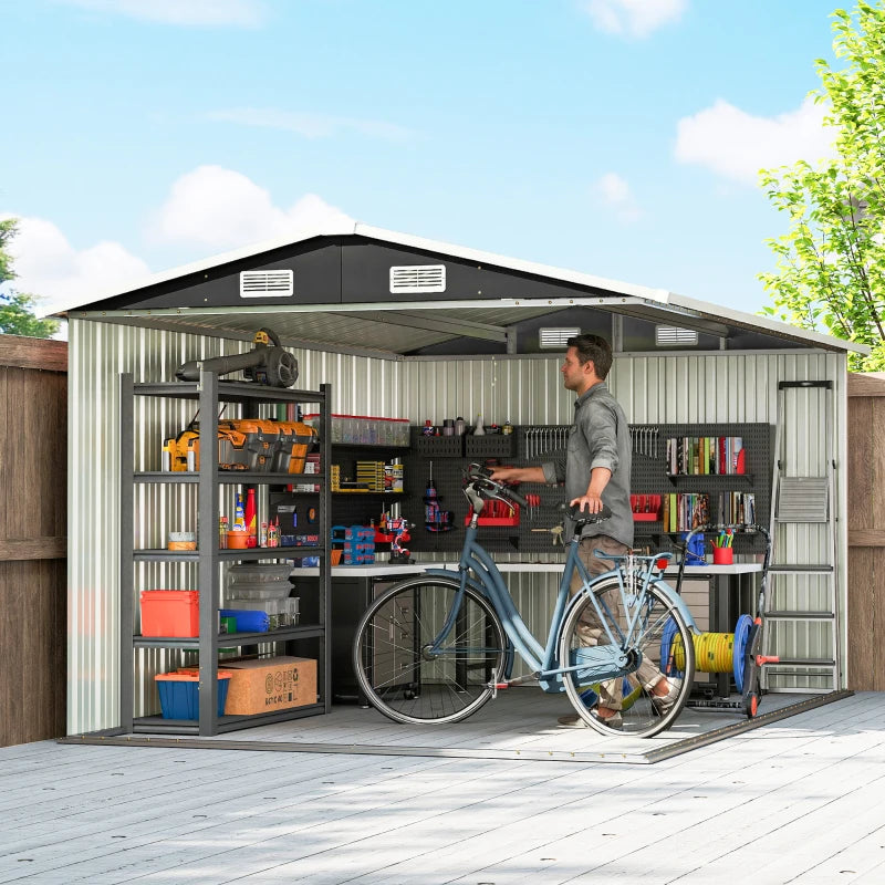 Dark grey outdoor storage shed interior with shelving and open doors