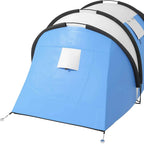 Blue dome tent with gray side panels and black poles on a white background