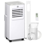 White portable air conditioner with front vent, side handles, window kit, and remote control