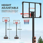 Red height-adjustable basketball hoop with net on black stand, multiple height settings