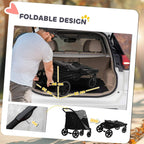Foldable black pet stroller shown being carried and stored in a car trunk
