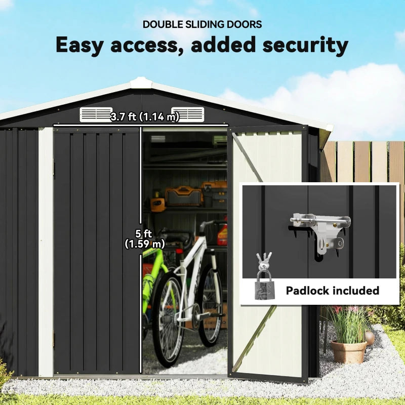 Dark grey storage shed with lockable double doors and door handle