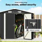 Dark grey storage shed with lockable double doors and door handle