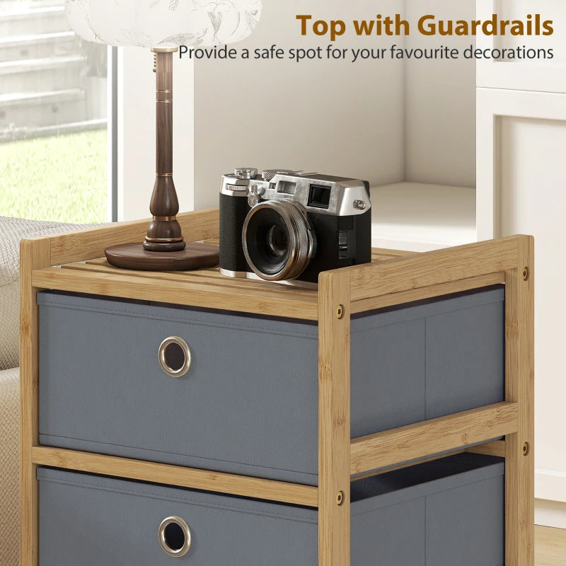 Light grey top drawer dresser with bamboo guardrail and two front round pull handles