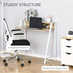White desk with reinforced A-frame metal legs and sturdy worktop for laptop
