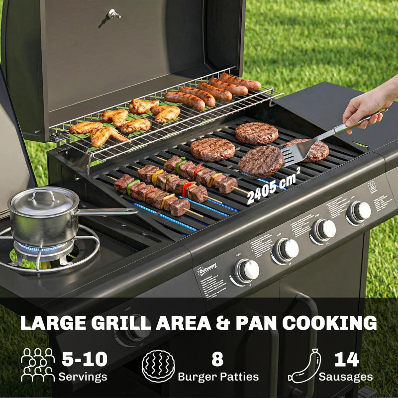 Black gas grill with open lid, food on cooking grates, burners visible