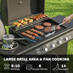 Black gas grill with open lid, food on cooking grates, burners visible