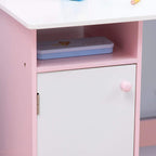 Kids desk with pink cabinet door and open shelf above, part of desk set