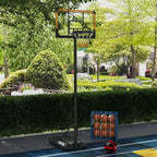 Black basketball hoop stand with net, wheeled base, and basketball on court