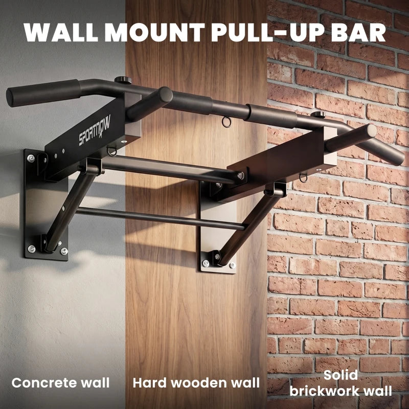 Wall-mounted pull-up bar with black bar, side brackets, and hanging resistance loops