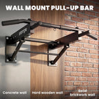 Wall-mounted pull-up bar with black bar, side brackets, and hanging resistance loops