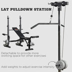 Adjustable incline bench with lat pulldown station and hanging cable weight setup