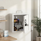 Wall-mounted white medicine cabinet open with bottles on interior shelves