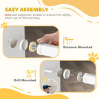 White dog safety gate assembly illustration with pressure mounting and rotating lock