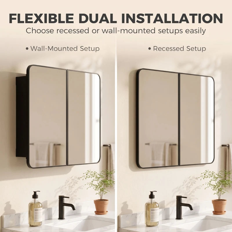 Black double-door mirror cabinet shown in wall-mounted and recessed installation views