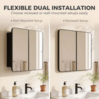 Black double-door mirror cabinet shown in wall-mounted and recessed installation views