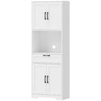 White kitchen pantry cabinet with upper doors, drawer, and lower double doors