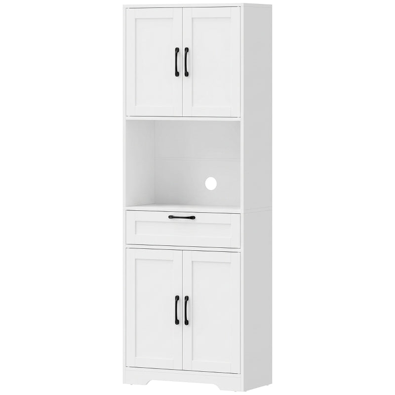 White kitchen pantry cabinet with upper doors, drawer, and lower double doors