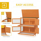Outdoor guinea pig hutch with hinged roof, front doors, and wire mesh enclosure