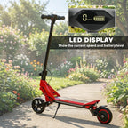 Red electric scooter with handlebar LED display showing speed and battery level