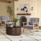 Grey linen accent armchairs set with beech wood frames, tufted backs, and armrests