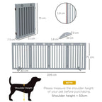 Grey wooden pet gate with vertical bars, paw panels, and 204 cm x 75 cm dimensions