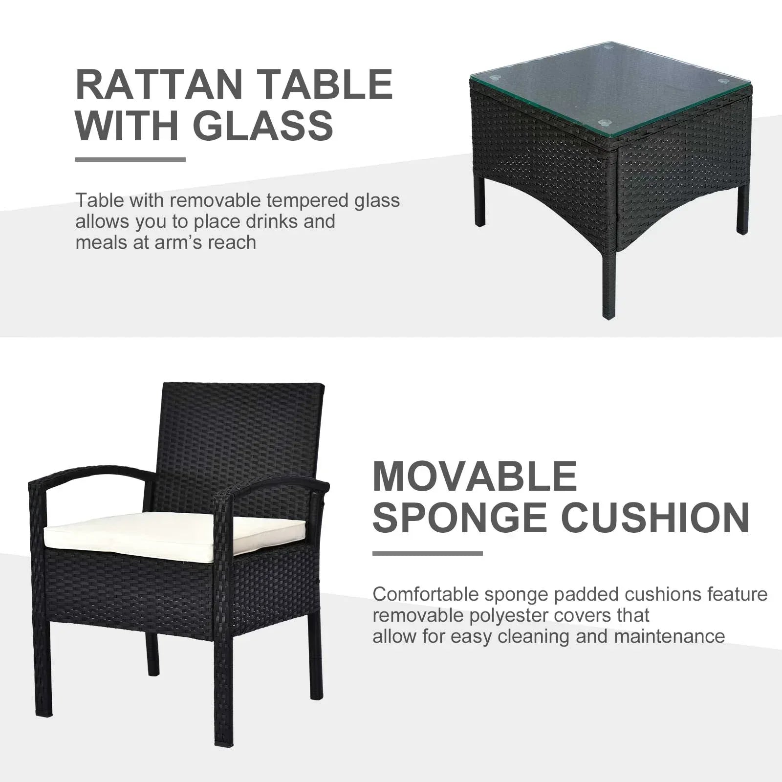 2 Seater Rattan Bistro Set, Steel-Black - Bobobiy