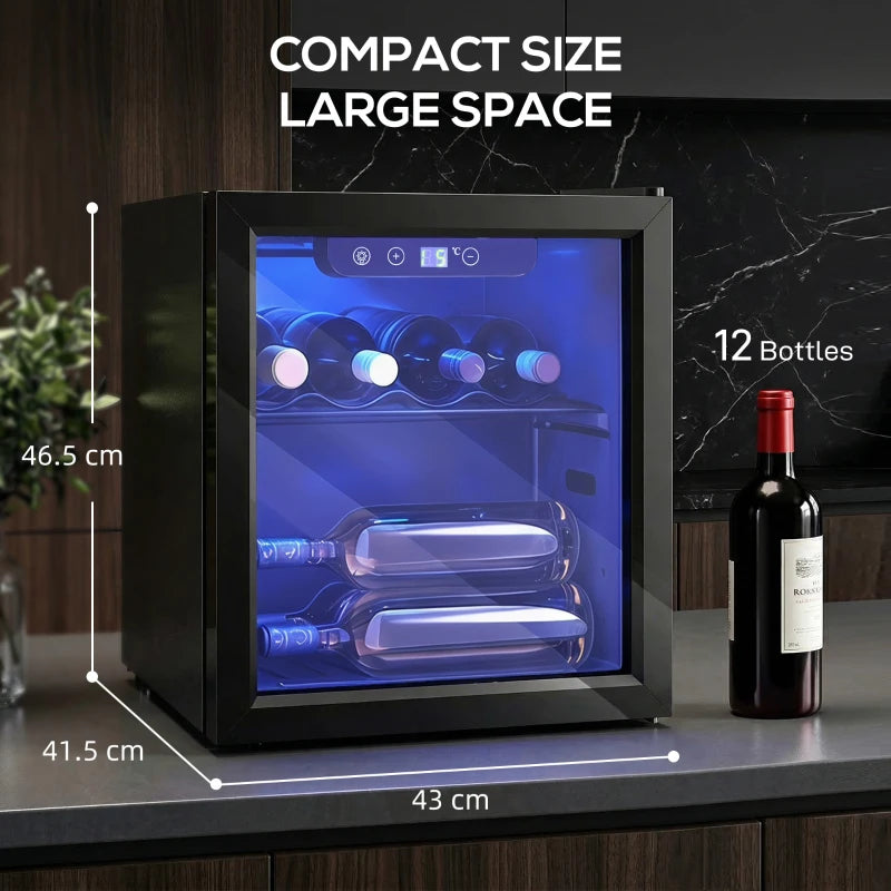 Black wine fridge on countertop with blue-lit glass door; holds up to 12 bottles.