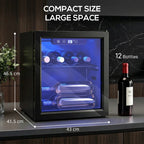 Black wine fridge on countertop with blue-lit glass door; holds up to 12 bottles.