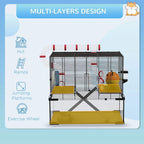 Black wire hamster cage with multi-layer ramp and jumping platforms plus tunnels
