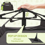 Folded-frame view of green and black pop-up pet tent