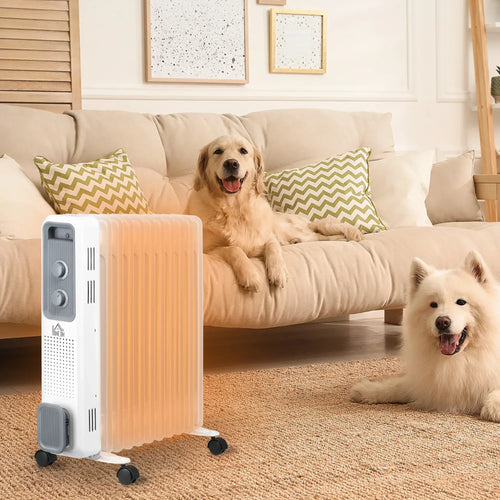 White 11-fin oil-filled radiator heater on wheels with control panel on the side.