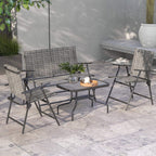 Light grey metal patio sofa set arranged with armchairs, loveseat, and coffee table