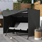 Dark grey three-seater swing chair protective cover, front flap open to reveal seat